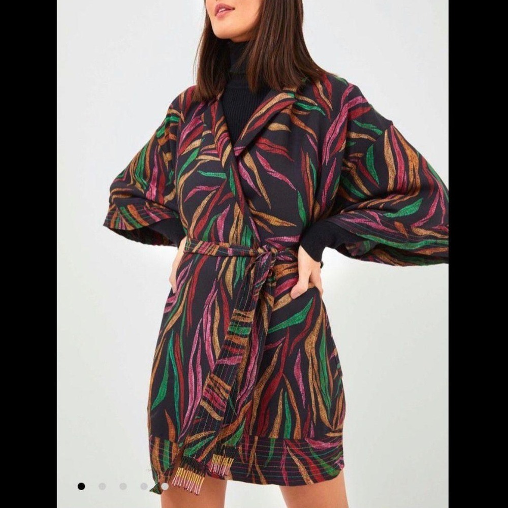 FARM Rio Kimono Wrap Mini Dress Black Multicolor Leaf Print XS‎ Fits up to M NEW